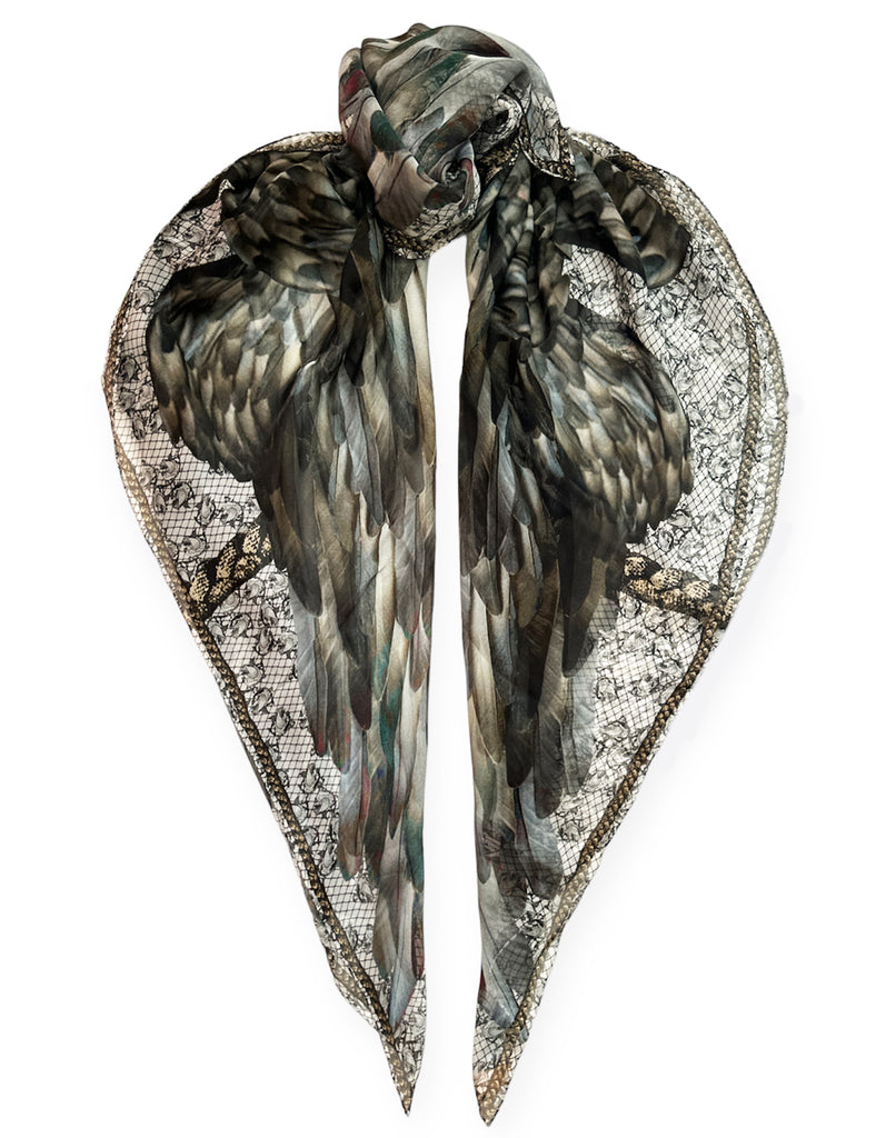 Feather Wings Print Hand Painted Silk buy Scarf Wings Scarf Floral Print Grey Silk Scarf Long Silk Shawl Wedding Scarf Christmas Gift 68X22